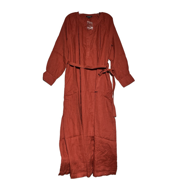 J Crew Cabana Dress in Linen Womens Large Red Sand A Line Midi V Neck Relaxed - Picture 1 of 13